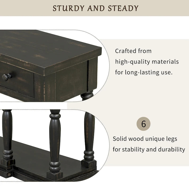 Retro Console Table - 4 Drawers & 1 Shelf, MDF Top with Pine Legs, 110lb Capacity, Black/White/Blue Available, Country Modern