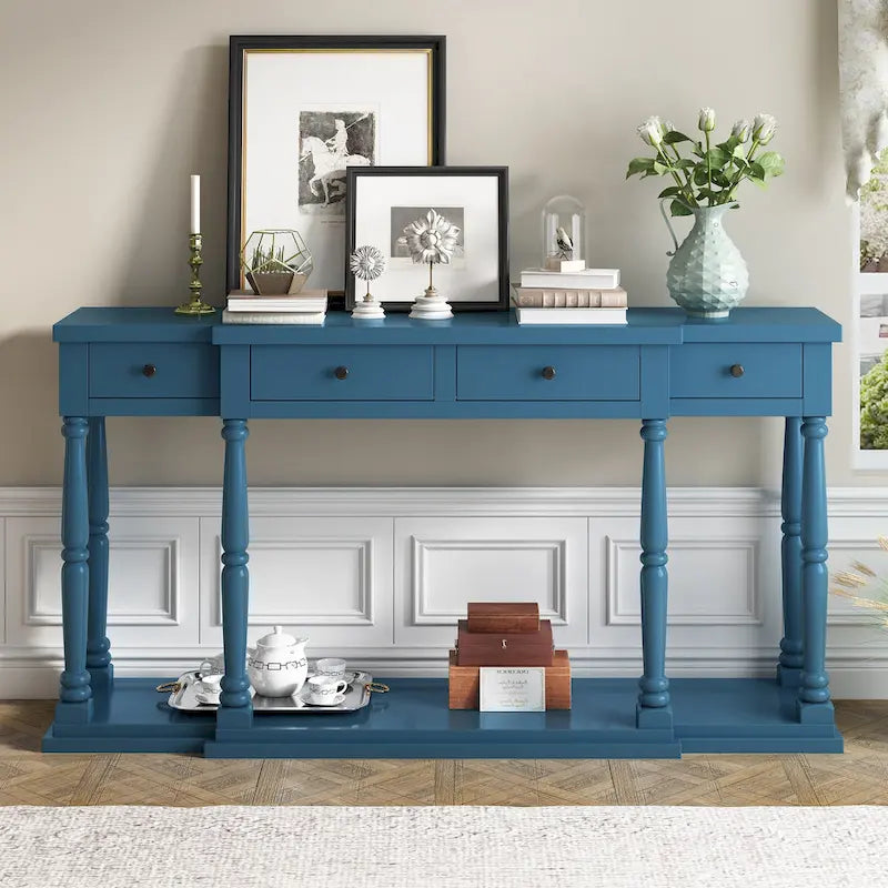 Retro Console Table - 4 Drawers & 1 Shelf, MDF Top with Pine Legs, 110lb Capacity, Black/White/Blue Available, Country Modern