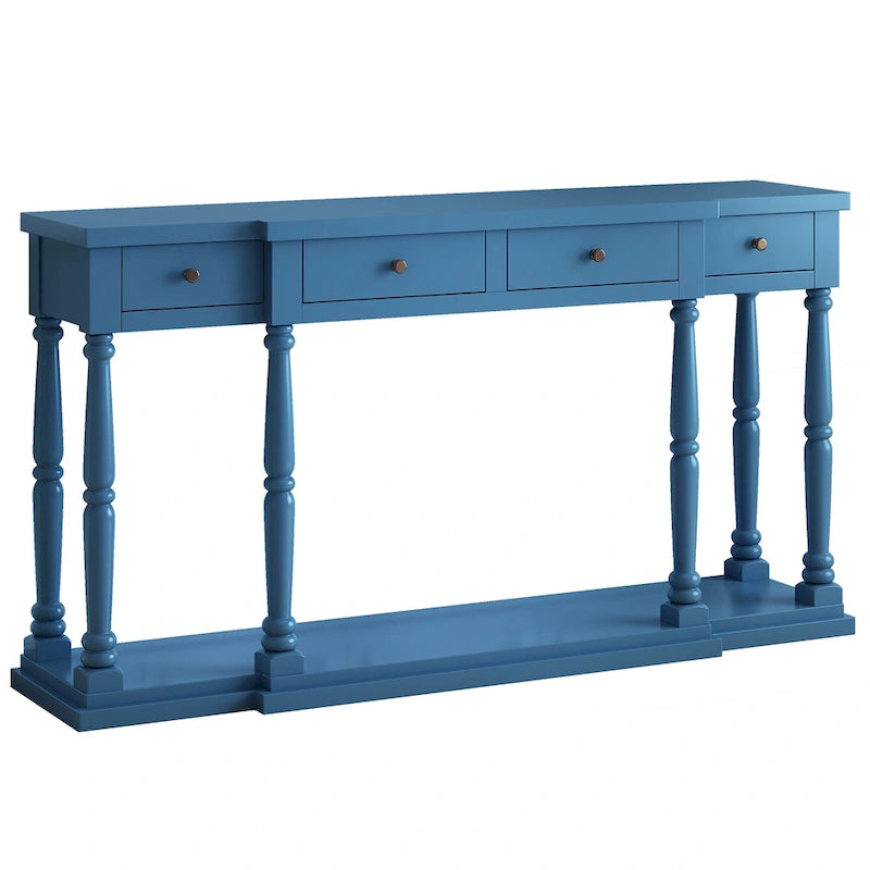 Retro Console Table - 4 Drawers & 1 Shelf, MDF Top with Pine Legs, 110lb Capacity, Black/White/Blue Available, Country Modern