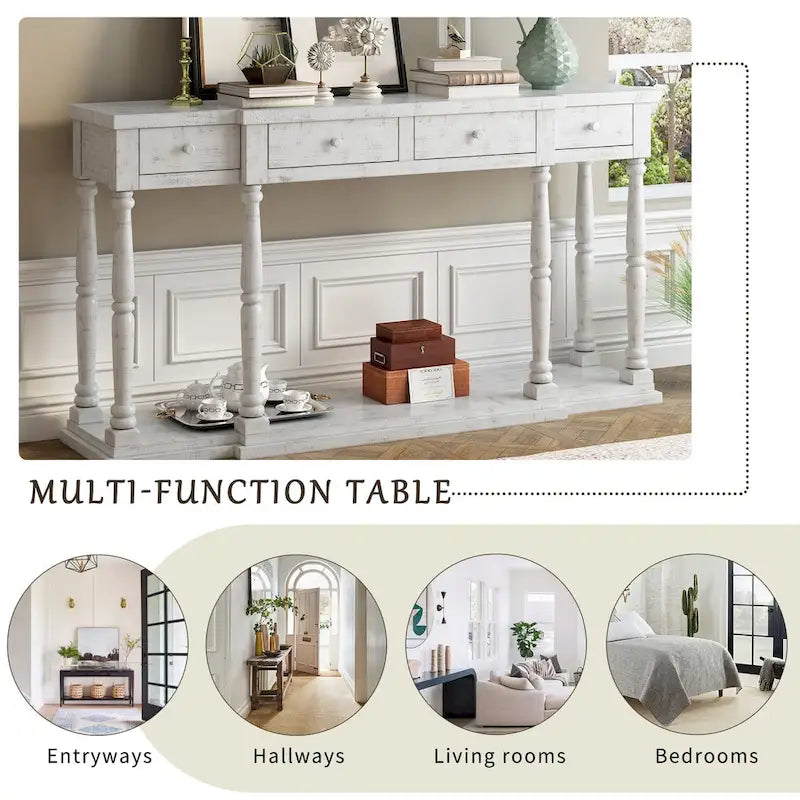 Retro Console Table - 4 Drawers & 1 Shelf, MDF Top with Pine Legs, 110lb Capacity, Black/White/Blue Available, Country Modern