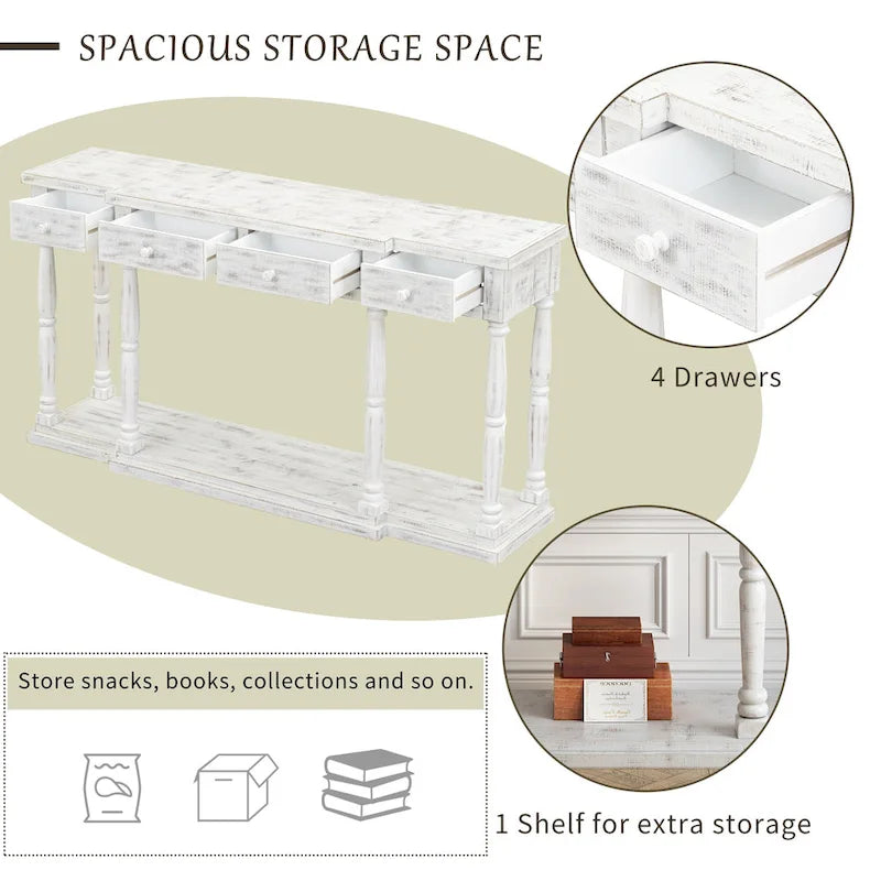 Retro Console Table - 4 Drawers & 1 Shelf, MDF Top with Pine Legs, 110lb Capacity, Black/White/Blue Available, Country Modern