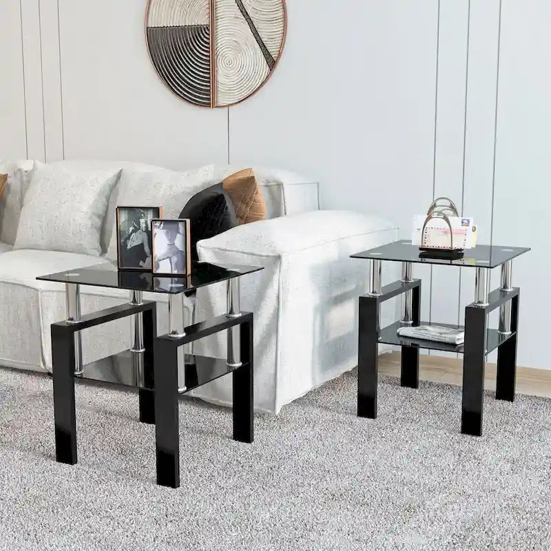 Set of 2 Modern Tempered Glass Tea Table Coffee Table End Table Black Glass Top Metal Legs Square Design