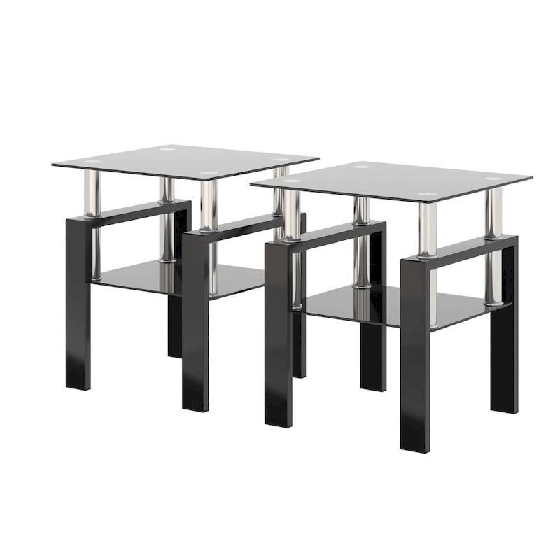 Set of 2 Modern Tempered Glass Tea Table Coffee Table End Table Black Glass Top Metal Legs Square Design