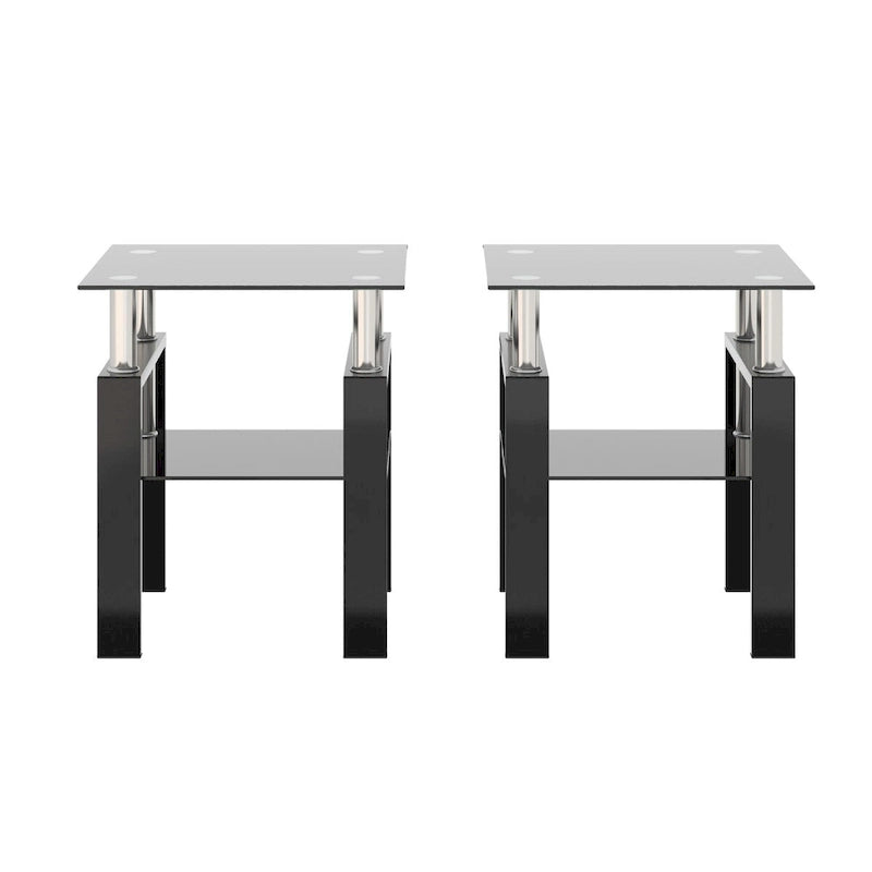 Set of 2 Modern Tempered Glass Tea Table Coffee Table End Table Black Glass Top Metal Legs Square Design