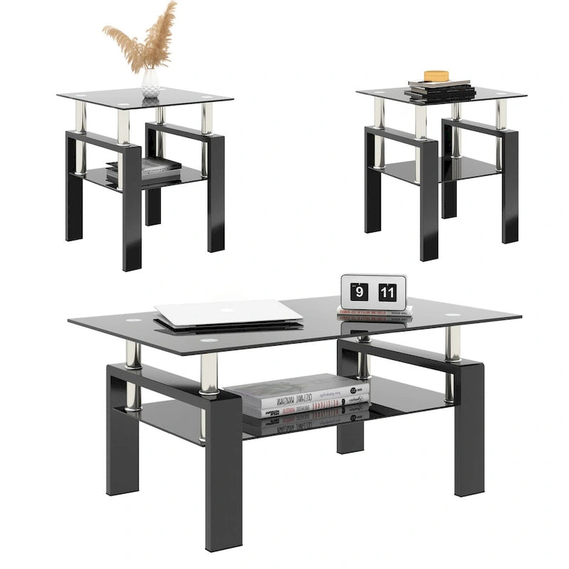 Set of 2 Modern Tempered Glass Tea Table Coffee Table End Table Black Glass Top Metal Legs Square Design