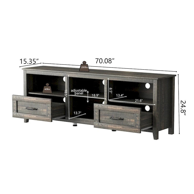 70-Inch TV Stand - 2 Drawers & 4 Open Shelves, Supports up to 60" TVs, 200lb Capacity, Particle Board & MDF Construction