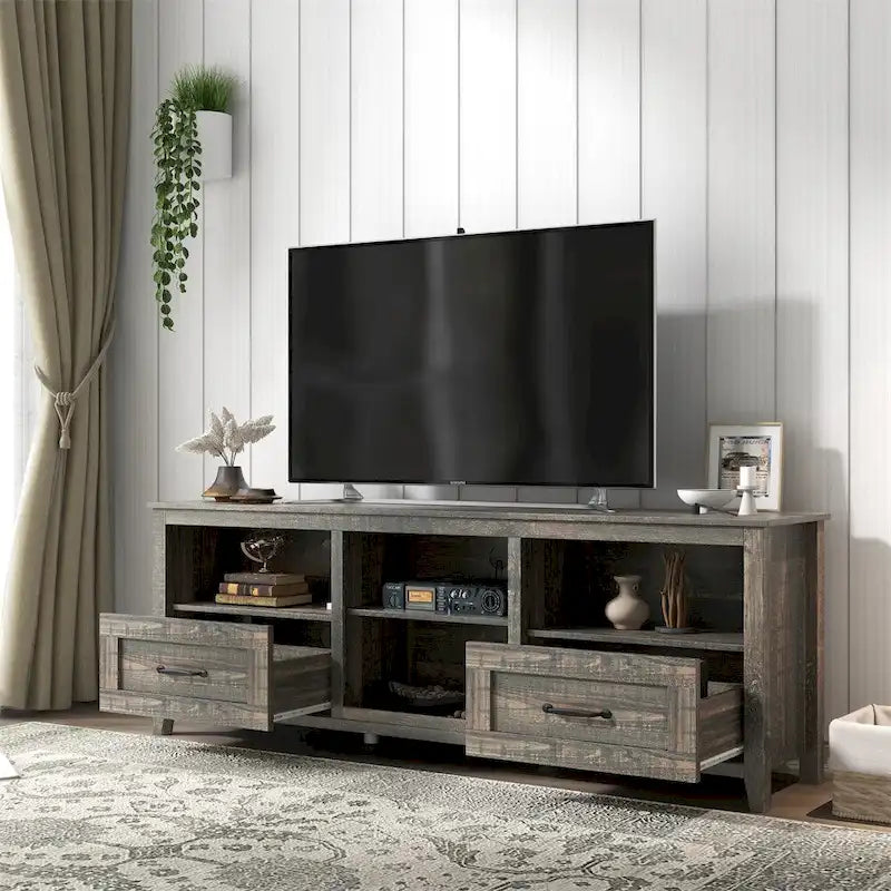 70-Inch TV Stand - 2 Drawers & 4 Open Shelves, Supports up to 60" TVs, 200lb Capacity, Particle Board & MDF Construction