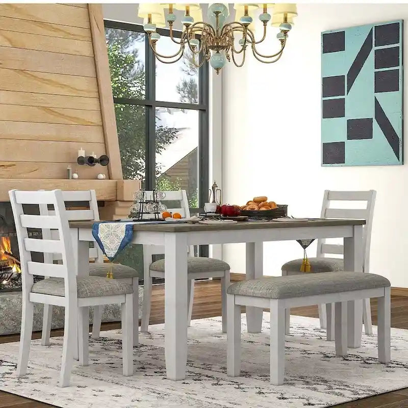 60-Inch Farmhouse Dining Set - 6-Piece with Table, 4 Upholstered Chairs & Bench, Distressed Wood, Brown/Whitewash or Walnut/White
