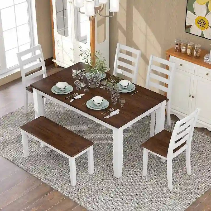 60-Inch Farmhouse Dining Set - 6-Piece with Table, 4 Upholstered Chairs & Bench, Distressed Wood, Brown/Whitewash or Walnut/White