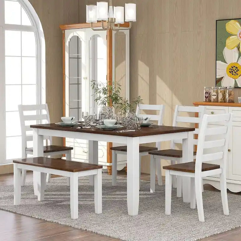 60-Inch Farmhouse Dining Set - 6-Piece with Table, 4 Upholstered Chairs & Bench, Distressed Wood, Brown/Whitewash or Walnut/White