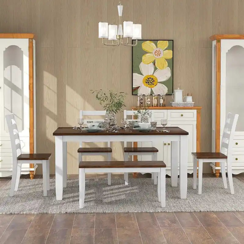 60-Inch Farmhouse Dining Set - 6-Piece with Table, 4 Upholstered Chairs & Bench, Distressed Wood, Brown/Whitewash or Walnut/White