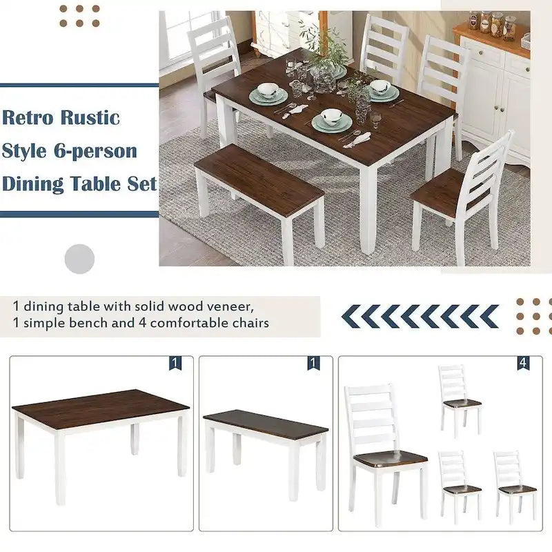60-Inch Farmhouse Dining Set - 6-Piece with Table, 4 Upholstered Chairs & Bench, Distressed Wood, Brown/Whitewash or Walnut/White