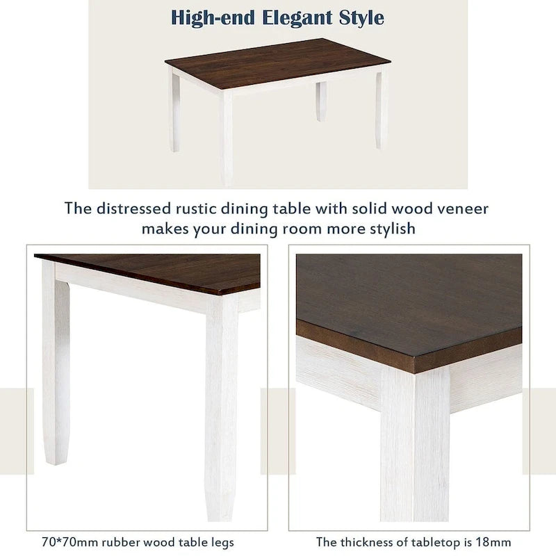 60-Inch Farmhouse Dining Set - 6-Piece with Table, 4 Upholstered Chairs & Bench, Distressed Wood, Brown/Whitewash or Walnut/White