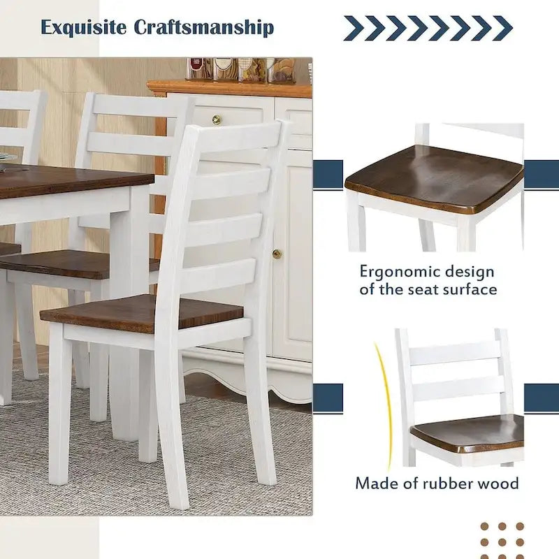 60-Inch Farmhouse Dining Set - 6-Piece with Table, 4 Upholstered Chairs & Bench, Distressed Wood, Brown/Whitewash or Walnut/White