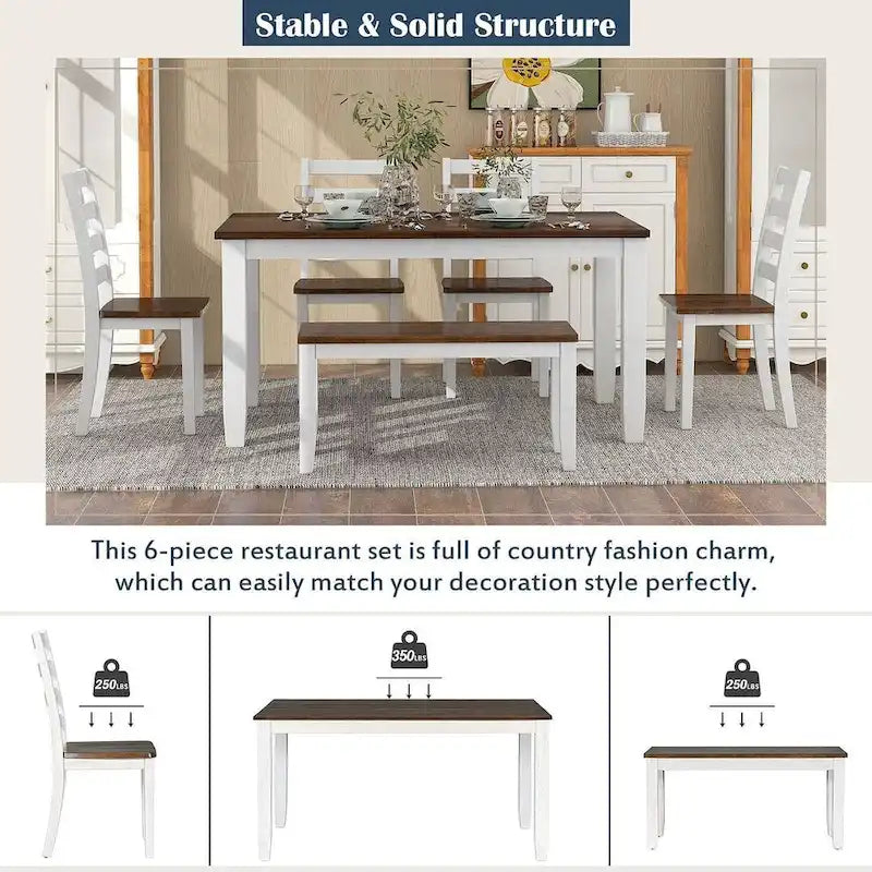 60-Inch Farmhouse Dining Set - 6-Piece with Table, 4 Upholstered Chairs & Bench, Distressed Wood, Brown/Whitewash or Walnut/White