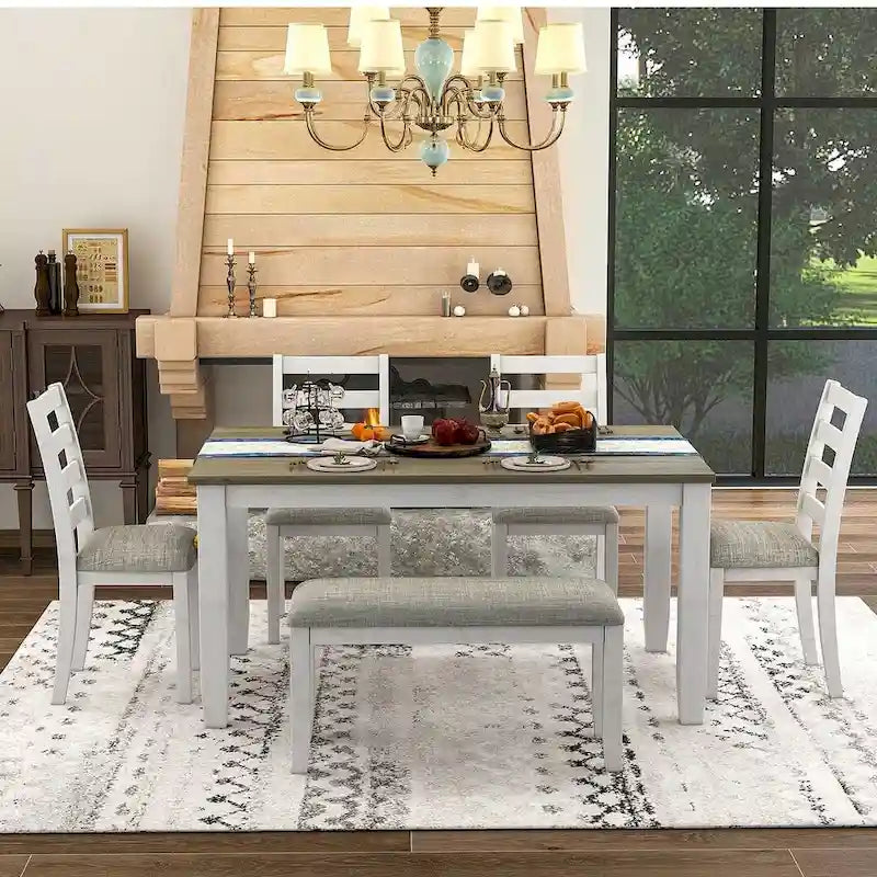 60-Inch Farmhouse Dining Set - 6-Piece with Table, 4 Upholstered Chairs & Bench, Distressed Wood, Brown/Whitewash or Walnut/White