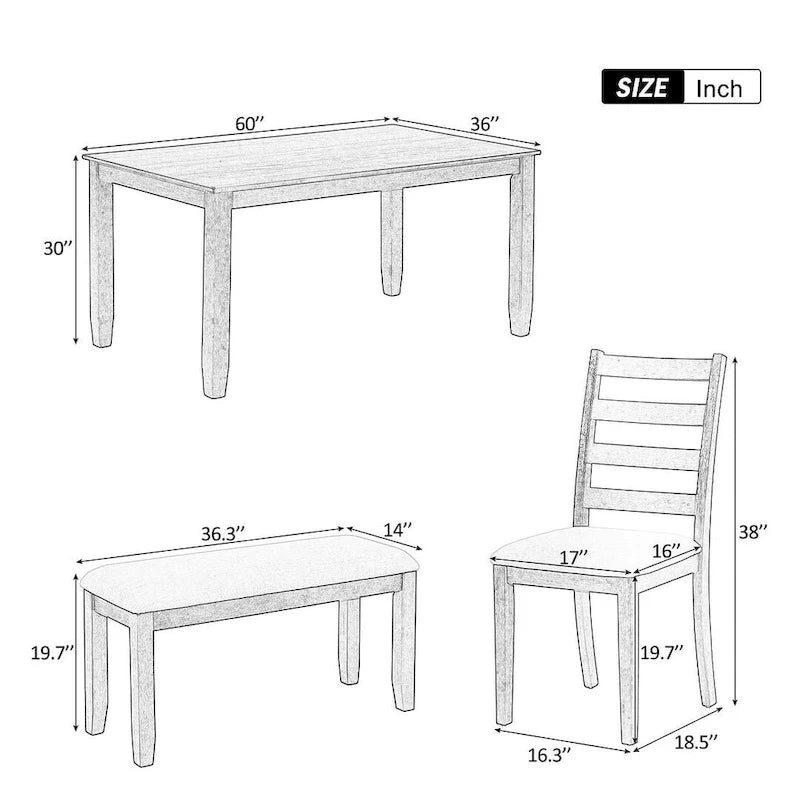 60-Inch Farmhouse Dining Set - 6-Piece with Table, 4 Upholstered Chairs & Bench, Distressed Wood, Brown/Whitewash or Walnut/White