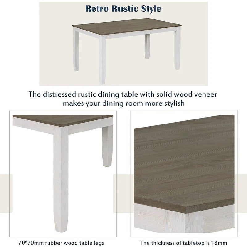 60-Inch Farmhouse Dining Set - 6-Piece with Table, 4 Upholstered Chairs & Bench, Distressed Wood, Brown/Whitewash or Walnut/White