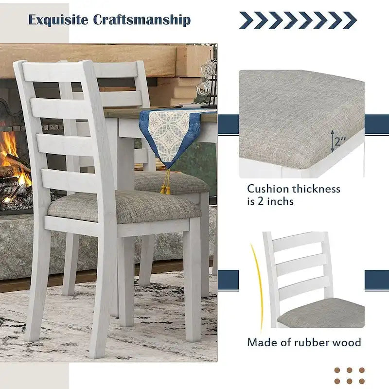 60-Inch Farmhouse Dining Set - 6-Piece with Table, 4 Upholstered Chairs & Bench, Distressed Wood, Brown/Whitewash or Walnut/White