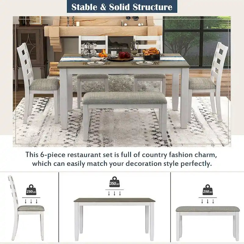 60-Inch Farmhouse Dining Set - 6-Piece with Table, 4 Upholstered Chairs & Bench, Distressed Wood, Brown/Whitewash or Walnut/White