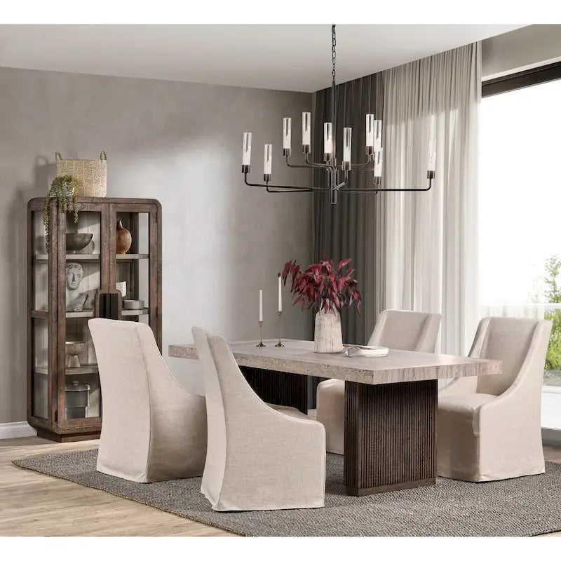 82" Reclaimed Pine Dining Table for 8 People - Travertine Laminate Top, Vertical Ridged Base, Block Legs - Rustic Brown Transitional Style