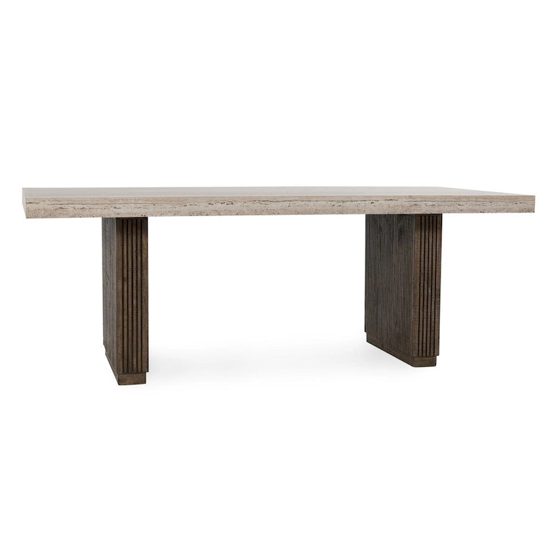 82" Reclaimed Pine Dining Table for 8 People - Travertine Laminate Top, Vertical Ridged Base, Block Legs - Rustic Brown Transitional Style