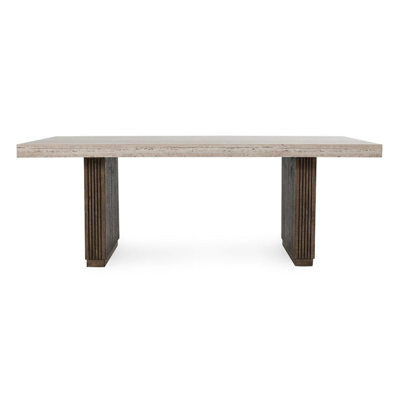 82" Reclaimed Pine Dining Table for 8 People - Travertine Laminate Top, Vertical Ridged Base, Block Legs - Rustic Brown Transitional Style