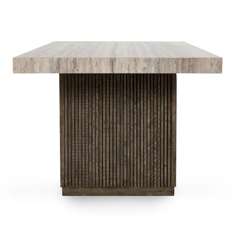 82" Reclaimed Pine Dining Table for 8 People - Travertine Laminate Top, Vertical Ridged Base, Block Legs - Rustic Brown Transitional Style