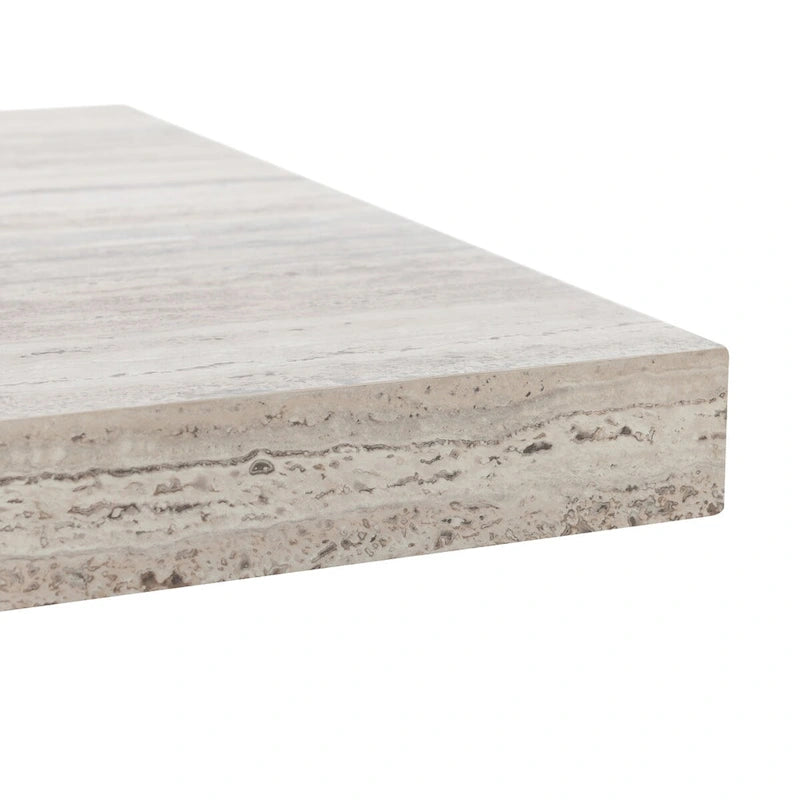 82" Reclaimed Pine Dining Table for 8 People - Travertine Laminate Top, Vertical Ridged Base, Block Legs - Rustic Brown Transitional Style