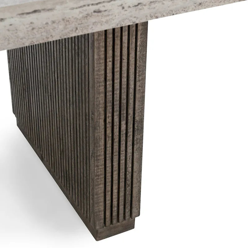 82" Reclaimed Pine Dining Table for 8 People - Travertine Laminate Top, Vertical Ridged Base, Block Legs - Rustic Brown Transitional Style