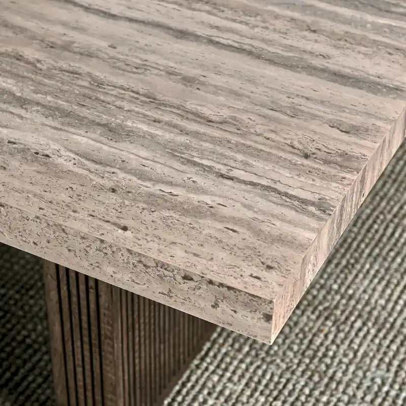 82" Reclaimed Pine Dining Table for 8 People - Travertine Laminate Top, Vertical Ridged Base, Block Legs - Rustic Brown Transitional Style
