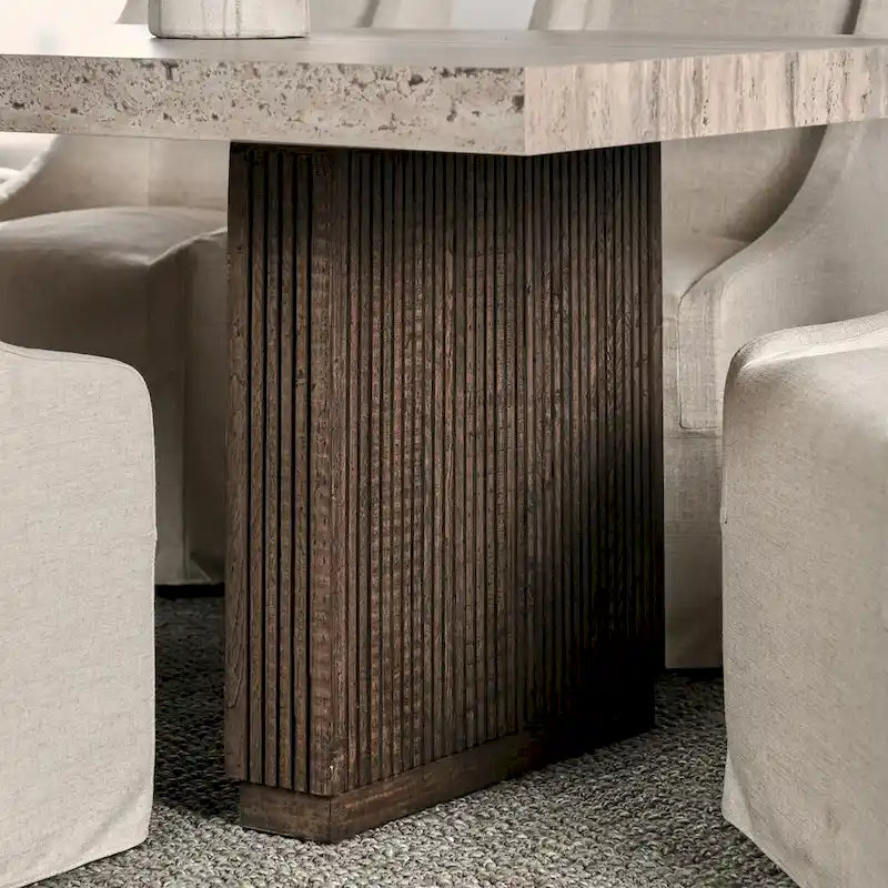 82" Reclaimed Pine Dining Table for 8 People - Travertine Laminate Top, Vertical Ridged Base, Block Legs - Rustic Brown Transitional Style