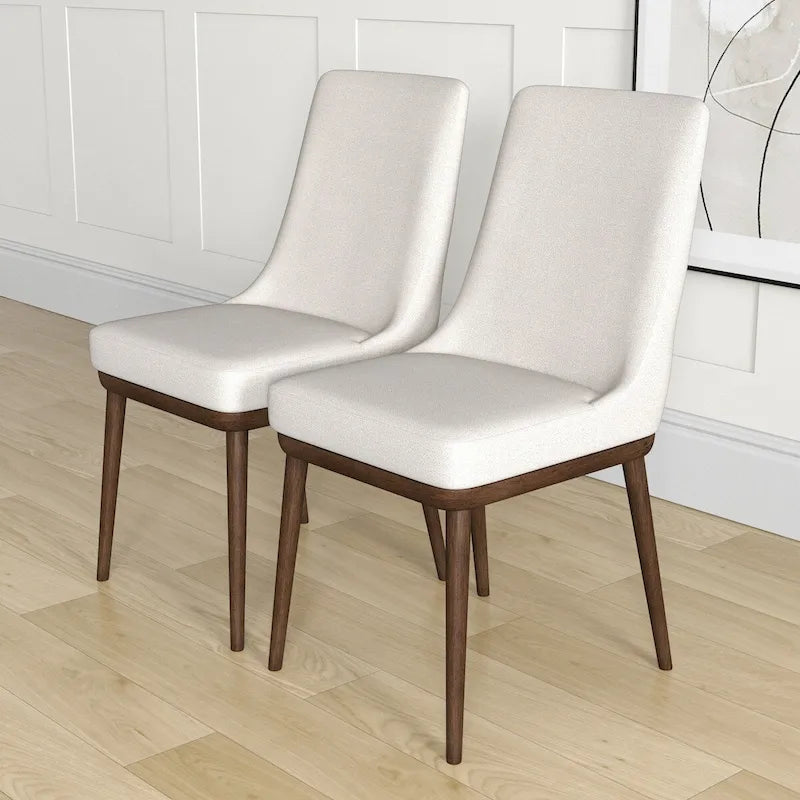 Mid-Century Modern Dining Chairs Set of 2 - Beige Fabric Upholstery, Walnut Wood Base, High Density Cushion, Ergonomic Design - Danish Inspired