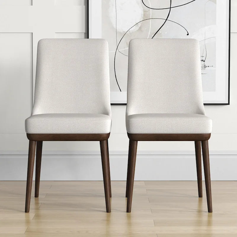 Mid-Century Modern Dining Chairs Set of 2 - Beige Fabric Upholstery, Walnut Wood Base, High Density Cushion, Ergonomic Design - Danish Inspired