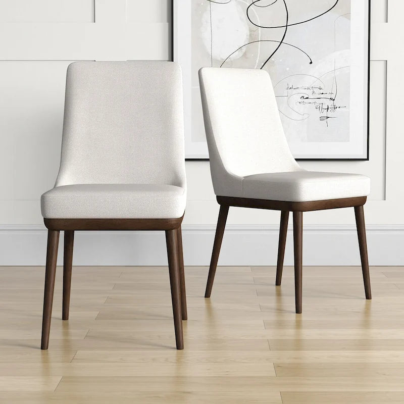 Mid-Century Modern Dining Chairs Set of 2 - Beige Fabric Upholstery, Walnut Wood Base, High Density Cushion, Ergonomic Design - Danish Inspired