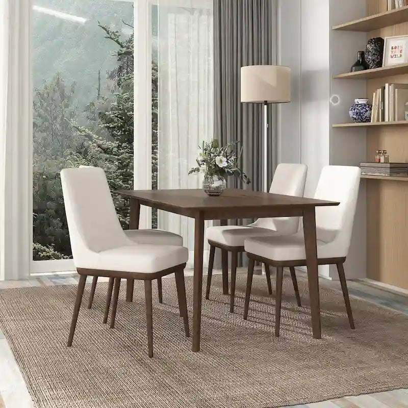 Mid-Century Modern Dining Chairs Set of 2 - Beige Fabric Upholstery, Walnut Wood Base, High Density Cushion, Ergonomic Design - Danish Inspired