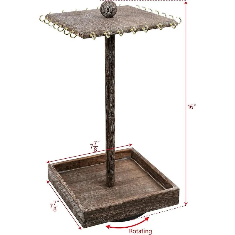 Wooden Rotating Jewelry Organizer Display Tower 28 Hooks Vintage Design Necklace Storage Accessories Base Size S