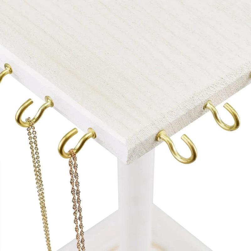 Wooden Rotating Jewelry Organizer Display Tower 28 Hooks Vintage Design Necklace Storage Accessories Base Size S