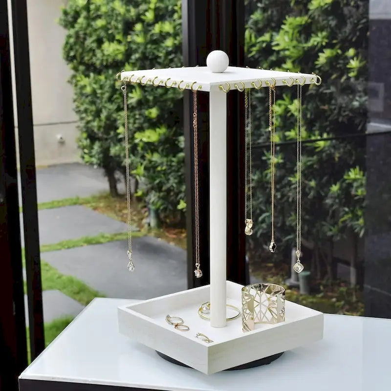 Wooden Rotating Jewelry Organizer Display Tower 28 Hooks Vintage Design Necklace Storage Accessories Base Size S