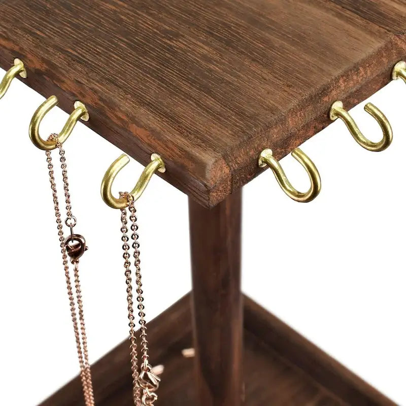 Wooden Rotating Jewelry Organizer Display Tower 28 Hooks Vintage Design Necklace Storage Accessories Base Size S