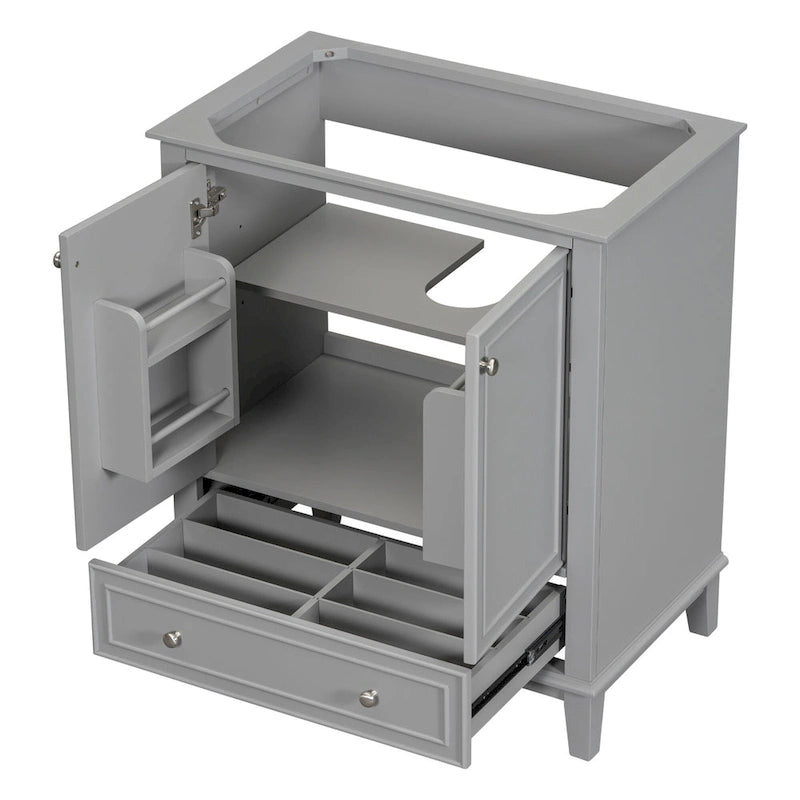 Bathroom Vanity Cabinet Base - 2 Doors with Tiered Racks, 1 Drawer, Adjustable Shelf, Solid Wood & MDF, Grey/White Available