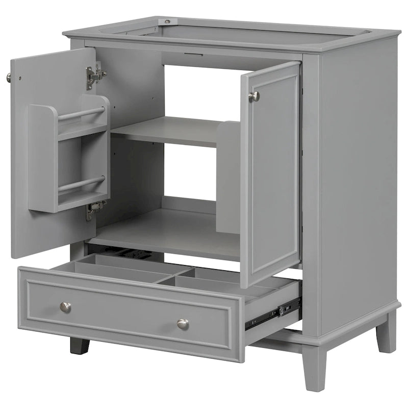 Bathroom Vanity Cabinet Base - 2 Doors with Tiered Racks, 1 Drawer, Adjustable Shelf, Solid Wood & MDF, Grey/White Available