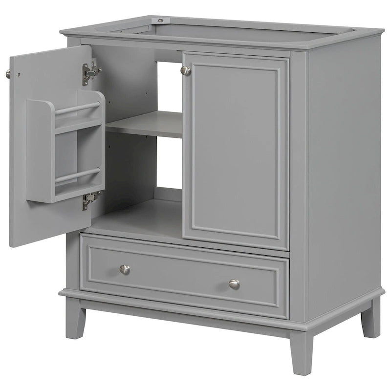 Bathroom Vanity Cabinet Base - 2 Doors with Tiered Racks, 1 Drawer, Adjustable Shelf, Solid Wood & MDF, Grey/White Available