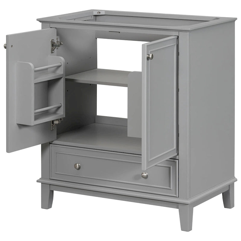 Bathroom Vanity Cabinet Base - 2 Doors with Tiered Racks, 1 Drawer, Adjustable Shelf, Solid Wood & MDF, Grey/White Available