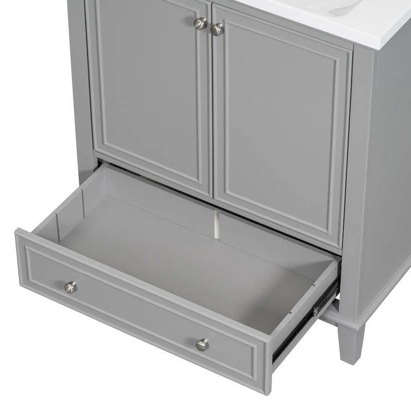Bathroom Vanity Cabinet Base - 2 Doors with Tiered Racks, 1 Drawer, Adjustable Shelf, Solid Wood & MDF, Grey/White Available