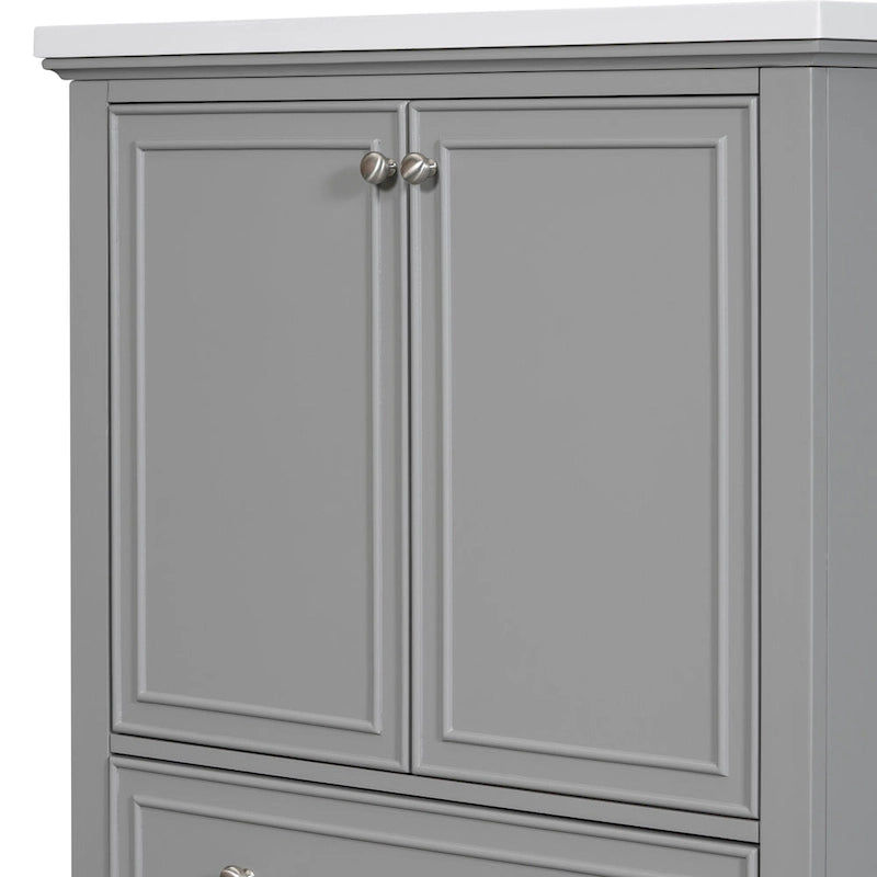Bathroom Vanity Cabinet Base - 2 Doors with Tiered Racks, 1 Drawer, Adjustable Shelf, Solid Wood & MDF, Grey/White Available