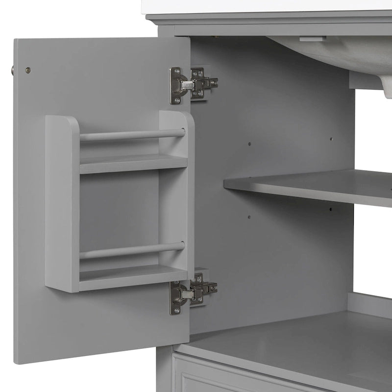Bathroom Vanity Cabinet Base - 2 Doors with Tiered Racks, 1 Drawer, Adjustable Shelf, Solid Wood & MDF, Grey/White Available