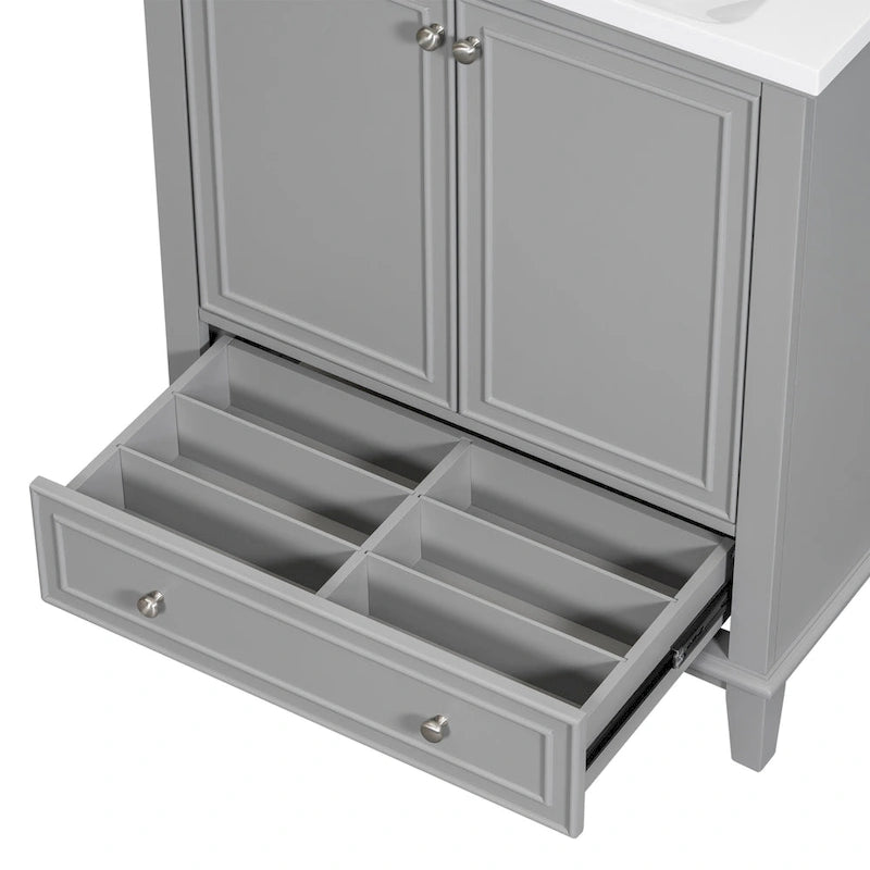 Bathroom Vanity Cabinet Base - 2 Doors with Tiered Racks, 1 Drawer, Adjustable Shelf, Solid Wood & MDF, Grey/White Available