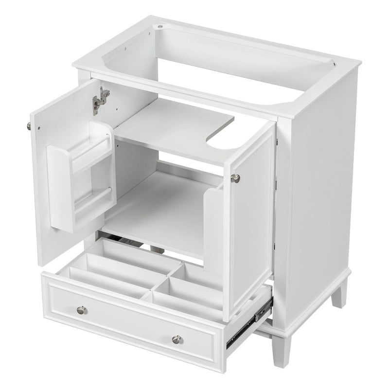 Bathroom Vanity Cabinet Base - 2 Doors with Tiered Racks, 1 Drawer, Adjustable Shelf, Solid Wood & MDF, Grey/White Available
