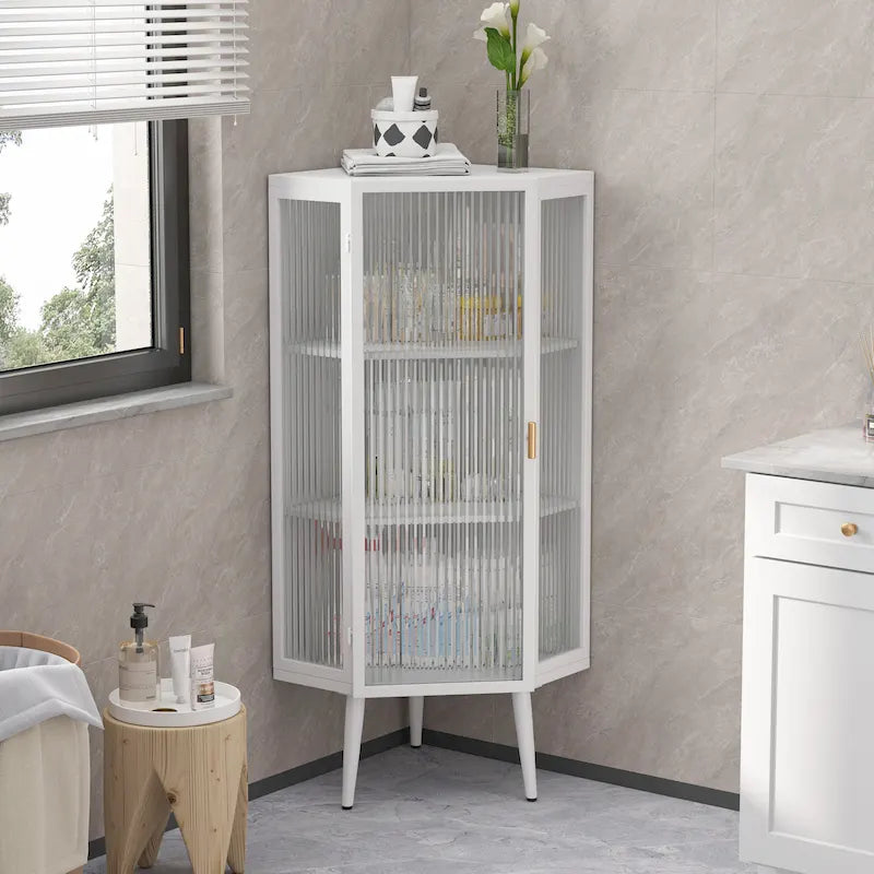 3-Tier Corner Cabinet - Tempered Glass Doors, Iron Frame, 66lb Top Capacity, Black/White, Double-Layer Storage, 22x43"